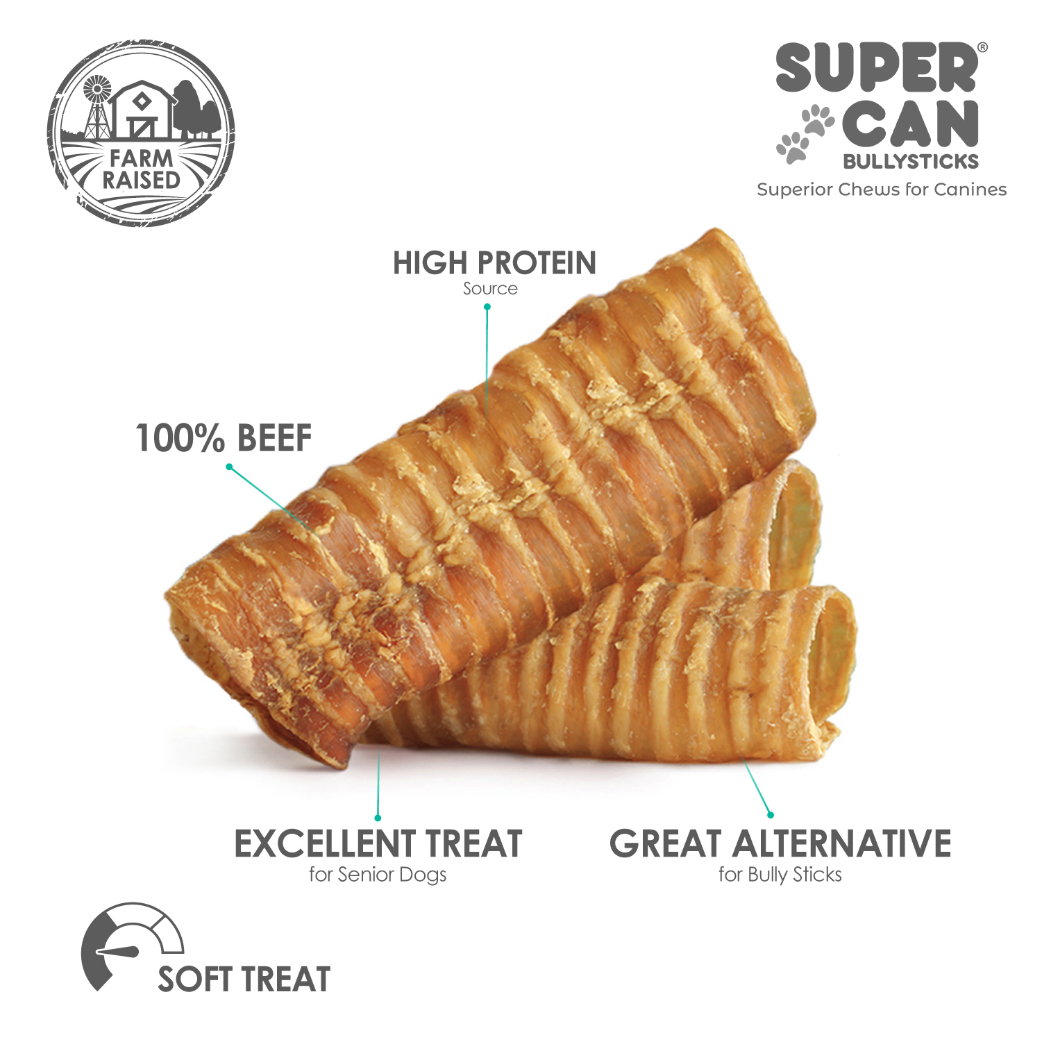Supercan 6 inch beef trachea wholesale dog treat bulk bag